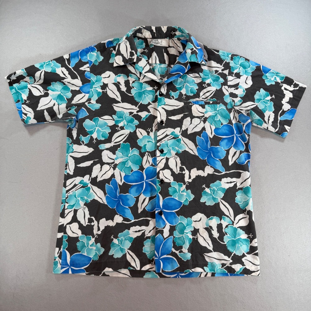 Hilo Hattie Made in Hawaii Hibiscus Aloha Shirt Men's L Blue Teal Camp